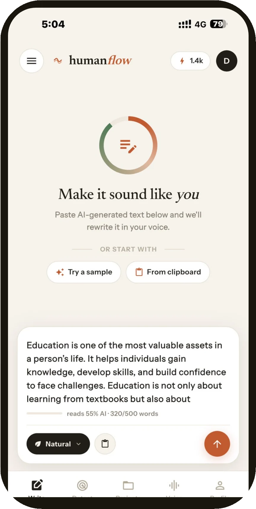 The HumanFlow app on iPhone, on the rewrite screen: “Make it sound like you”, above buttons to try a sample or paste from the clipboard.